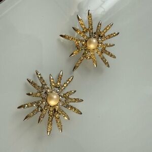 EMMONS Starburst Gold-Tone Faux Pearl Aurora Borealis AB Rhinestone VTG Earrings